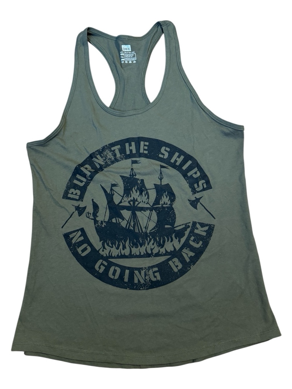 The Lift Box Burn The Ships No Going Back Racerback Tank Top Olive Green